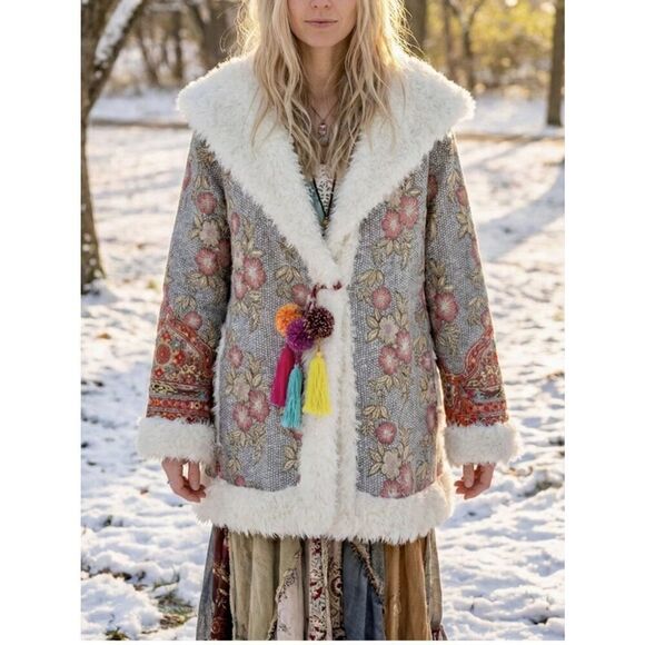 Johnny Was Jackets & Blazers - Johnny Was Biya Quarda Floral Faux Shearling Hooded Jacket Size M